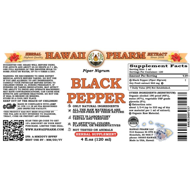 Black Pepper Liquid Extract, Organic Black Pepper (Piper Nigrum) Dried