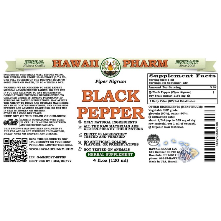 Black Pepper Liquid Extract, Organic Black Pepper (Piper Nigrum) Dried