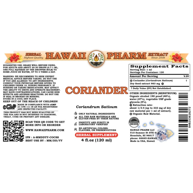 Coriander (Coriandrum Sativum) Tincture, Certified Organic Dried Seed