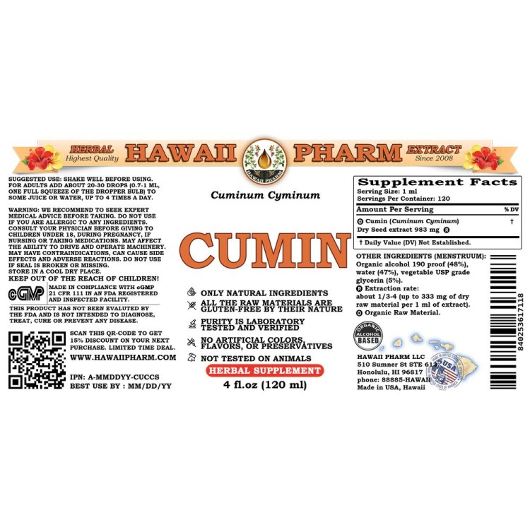 Cumin Liquid Extract, Organic Cumin (Cuminum Cyminum) Dried Seed Tincture
