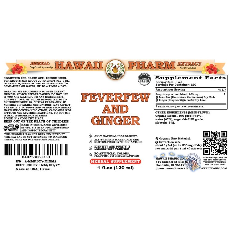 Feverfew And Ginger Liquid Extract, Feverfew herb, Ginger root Tincture Herbal Supplement