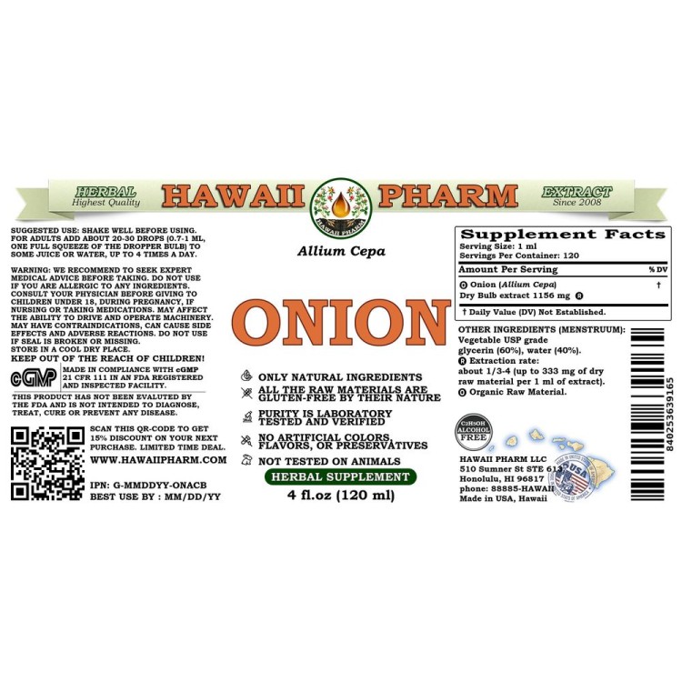 Onion AlcoholFREE Liquid Extract, Onion (Allium Cepa) Dried Bulb Glycerite