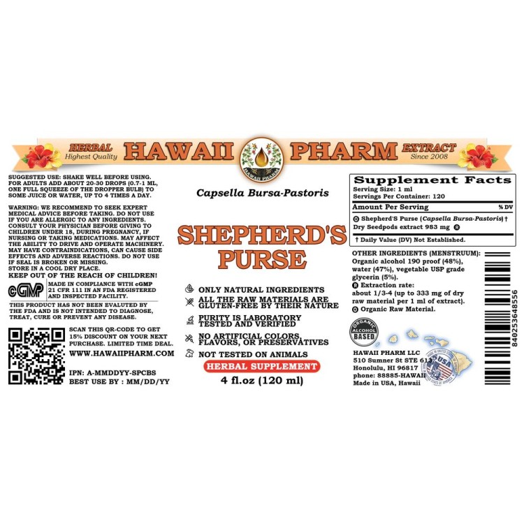 Shepherd's Purse Liquid Extract, Organic Shepherd's Purse (Capsella BursaPastoris) Dried Herb