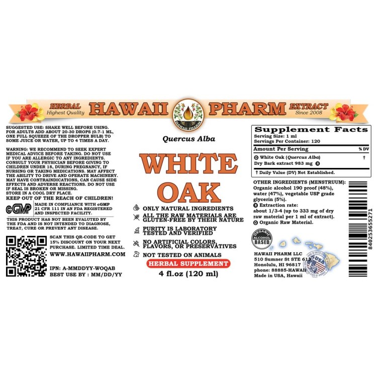 White Oak Liquid Extract, Organic White Oak (Quercus Alba) Dried Bark Tincture